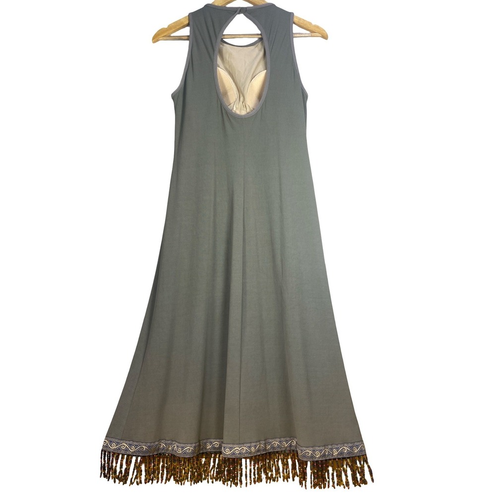 Vintage Barbara Lesser Boho Beaded Fringe Midi Shift Dress Keyhole Back M earthy - Picture 2 of 13